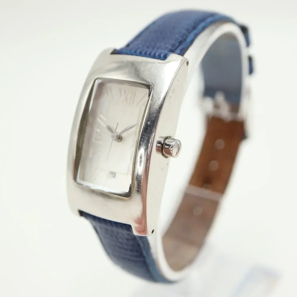 DKNY Silver Tone Dome Tank 23mm Women Watch Rectangle Blue Leather w New Battery